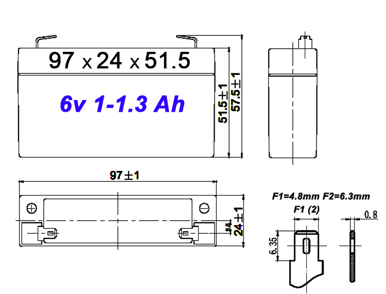  6 вольт 1.2-1.5 ач  размеры и расположение клемм