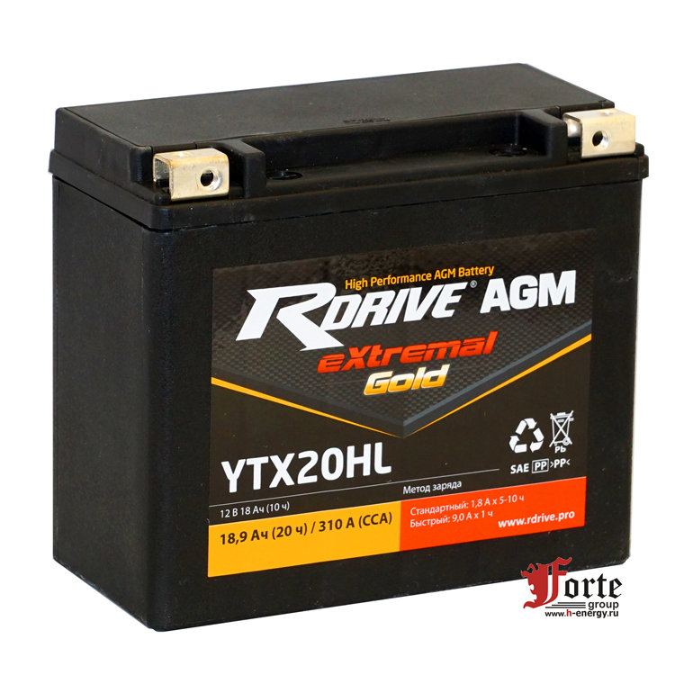 RDrive Gold YTX20HL ток 310А, стартерный АКБ для мототехники и скутеров.
