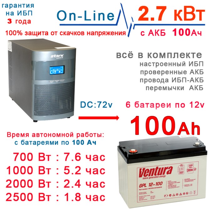 ИБП Stark 3 kVA On-Line + 6×100Ah Ventura