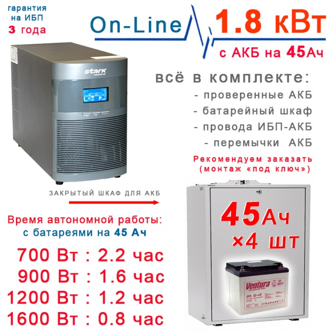ИБП Stark 2kBa On-Line + 4×45Ah Ventura