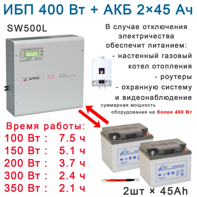 ИБП для котла Штиль SW500L + 2х45Ач Star