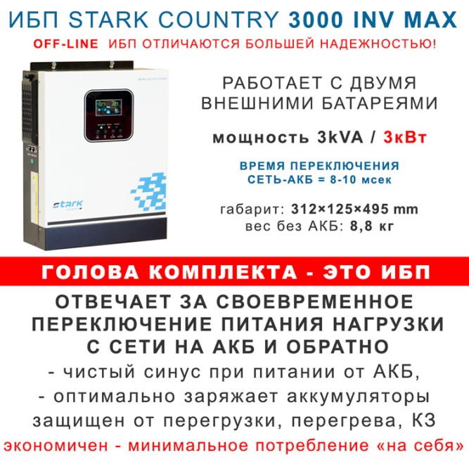 Комплект Stark 3000Вт MAX с АКБ 2×150Ah Ventura